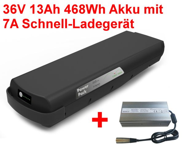E-Bike Akku für Bosch Gepäckträger 36V 13Ah + 6A Ladegerät