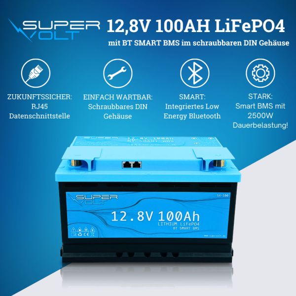 Supervolt Pro 12V 105Ah LiFePO4 Batterie für VW T5, T6 278x175x190mm