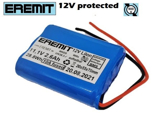 EREMIT 11.1V 2.6Ah Li-Ion Akku-Pack mit BMS JST-PH 2.0mm Stecker