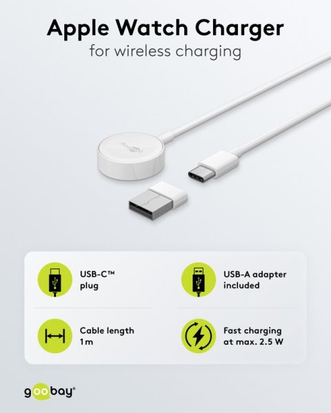 Ladegerät für Apple Watch mit USB-C Stecker + USB-A Adapter