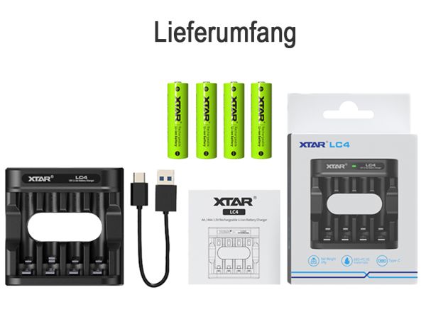 Xtar LC4 Ladegerät inkl. 4x AA, LR6, 1.5V Li-Ion Akkus mit Akku-Wechselanzeige