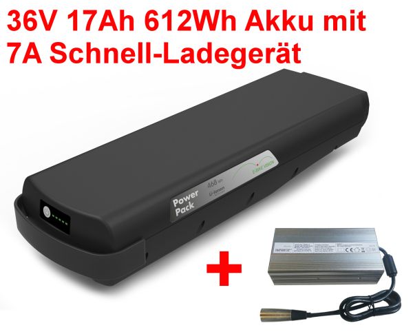 E-Bike Akku für Bosch Gepäckträger 36V 17Ah + 6A Ladegerät