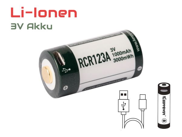 Keeppower RCR123 3V 1000mAh Li-Ion (Wiederaufladbar über micro USB)