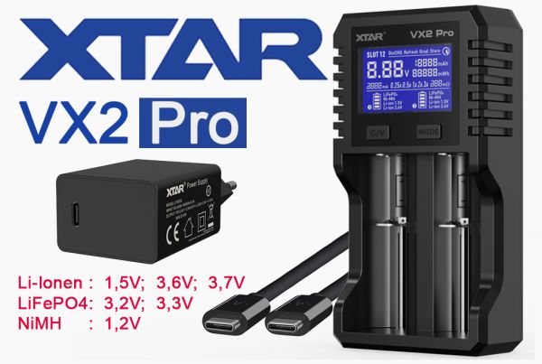 Xtar VX2 Pro Ladegerät für 1,5V + 3,7V Li-Ion; 3,2V LiFePO4, 1,2V Ni-MH Akkus
