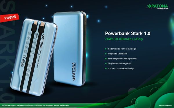 Powerbank Stark 1.0 PD65W 20000mAh mit 2 integrierten Ladekabel USB-C Lightning