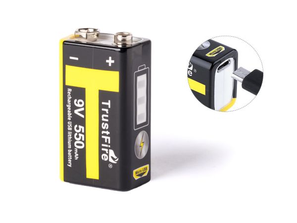 Trustfire 9V-Block, 6LR61, 6F22, 500mAh mit USB Ladefunktion