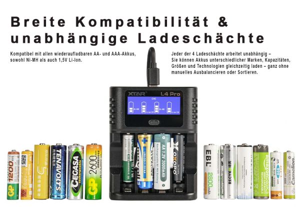 Xtar L4 Pro Ladegerät für 1.5V Li-Ion, 1.2V Ni-MH AA, AAA Akkus