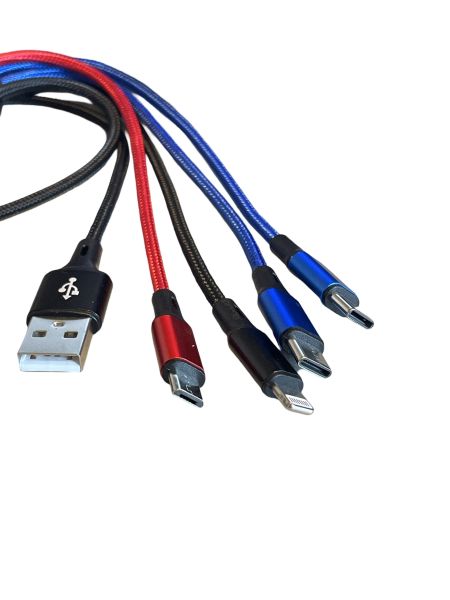 4in1 Schnellladekabel USB-A für Iphone mit USB-C und USB-Micro Stecker, rot/blau