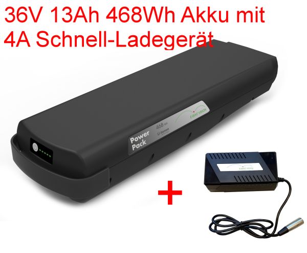 E-Bike Akku für Bosch Gepäckträger 36V 13Ah + 4A Ladegerät