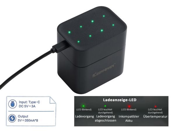 Keeppower I8 Ladegerät mit 8× 1.5V 2400mAh AA, Mignon, Li-Ion Akkus
