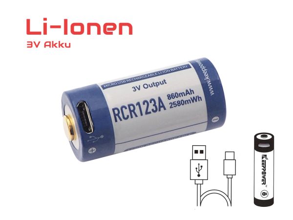Keeppower RCR123A, CR123A, 3V 860mAh Akku mit USB Ladefunktion